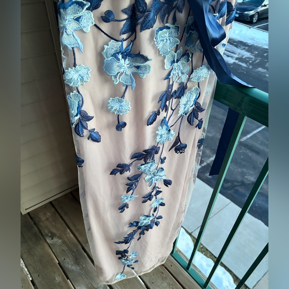 🆕 Adrianna Papell Nude & Blue Embroidered Mesh Gown Floral Column Dress Size 4 - Picture 8 of 17